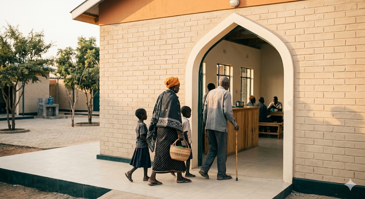 Family arriving at a shelter entrance